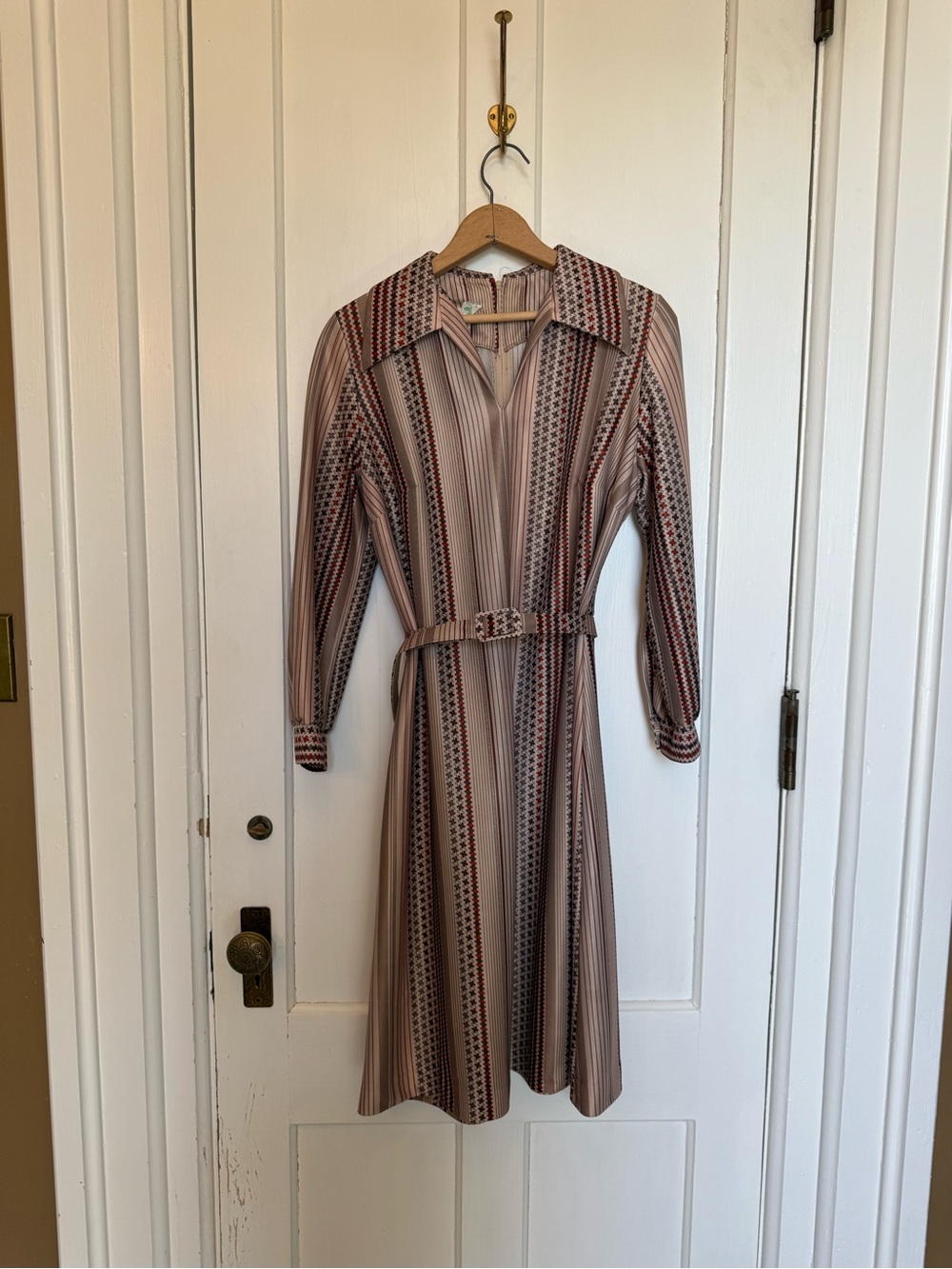 Vintage Beige Striped Belted Shirt Dress